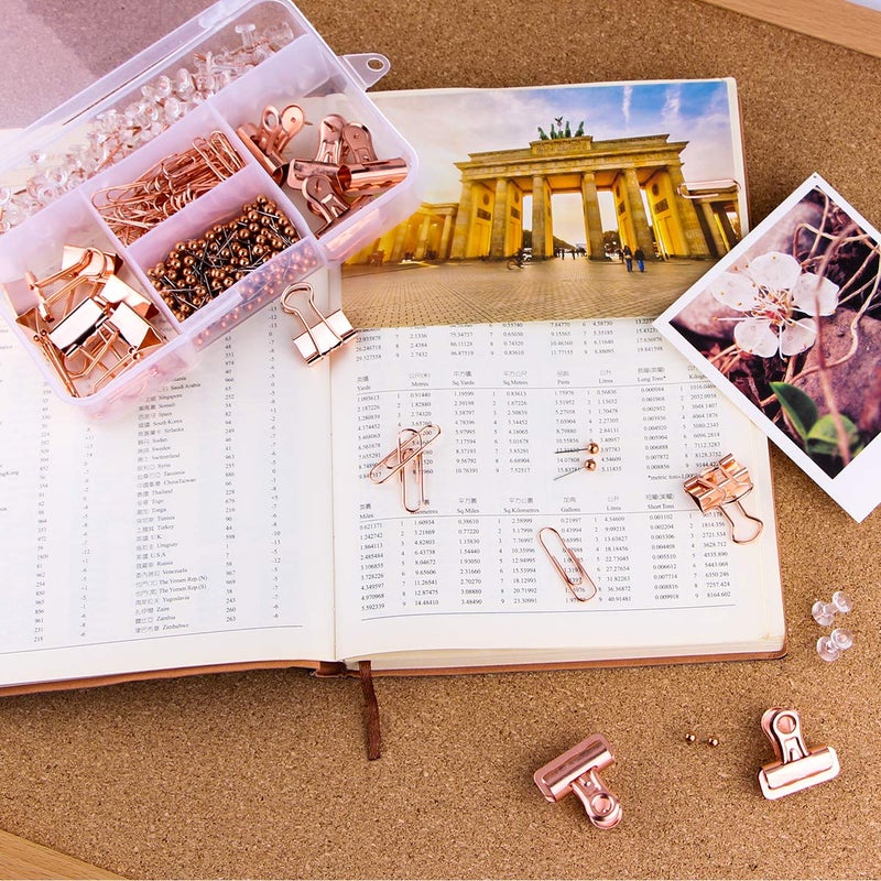 Yalis Push Pins Binder Clips Paper Clips Map Tacks Sets, 5 Styles 396 Pcs Rose Gold Pack for Office, School and Home Supplies (Pin and Clips) - Image 5